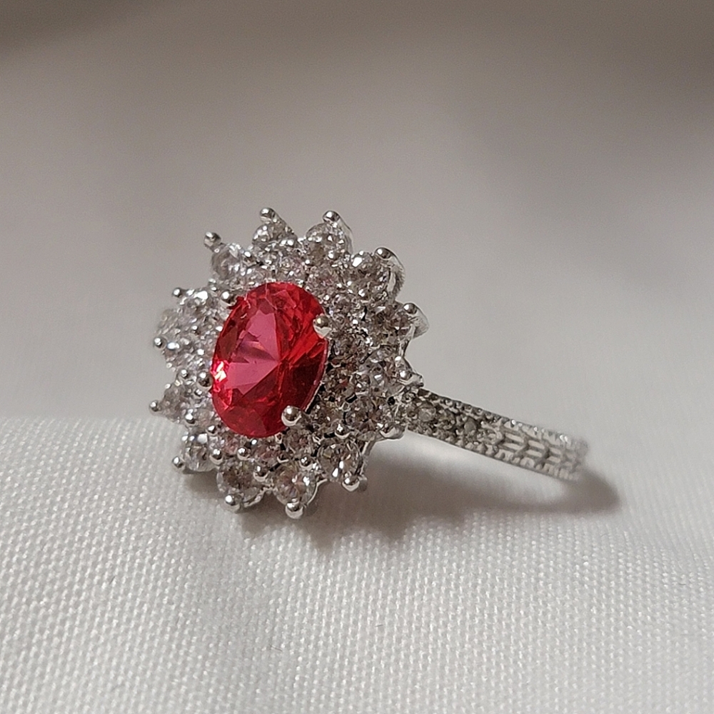Gorgeous Halo Ruby and White Sapphire Simulated Stone Silver Tone Ring